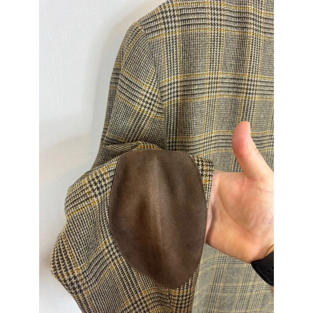 Canali Mens Wool Cashmere Glen Plaid Blazer Elbow Patches Made in Italy 42R